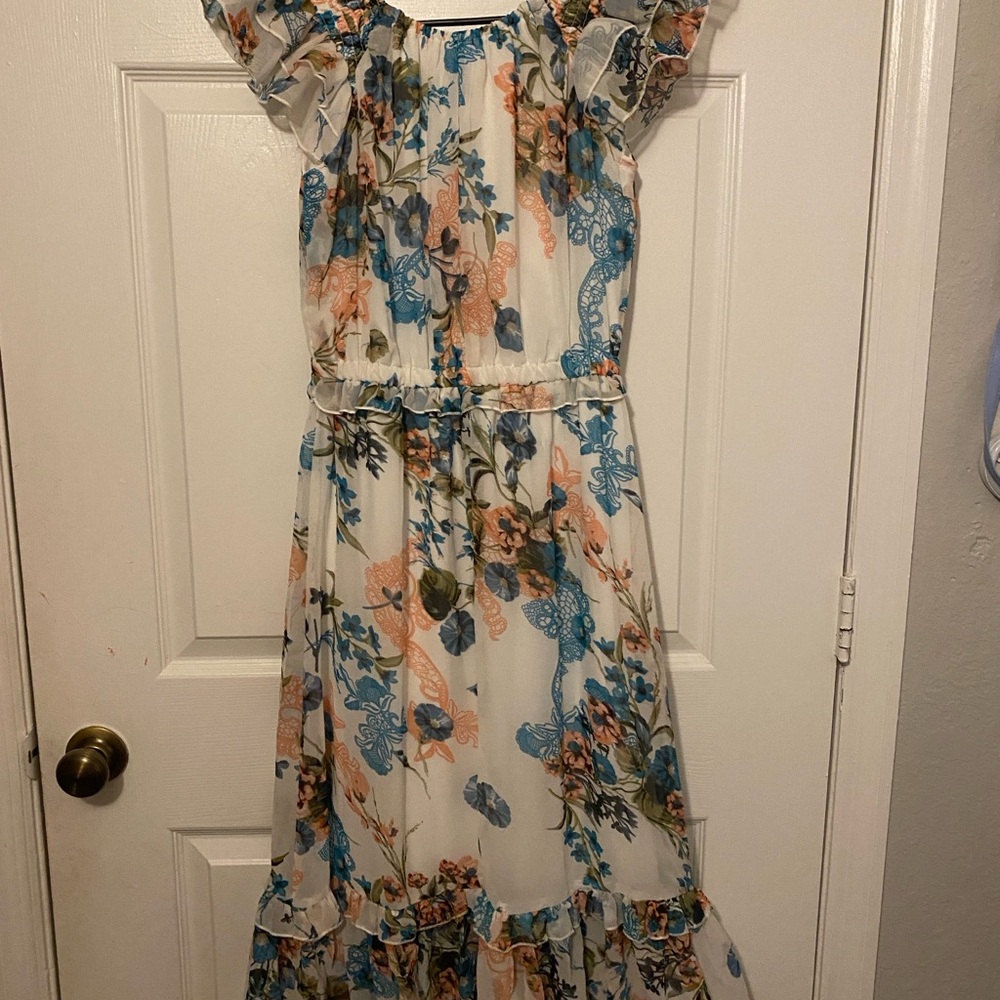 Lapis White and Blue Sundress with Ruffled Sleeves and Off the Shoulder Neckline